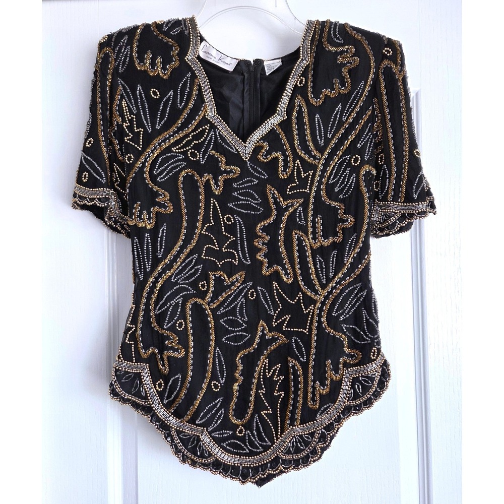 VTG 80s Laurence Kazar NY Full Beaded Silk Blouse Black Gold Silver V-Neck Sz S